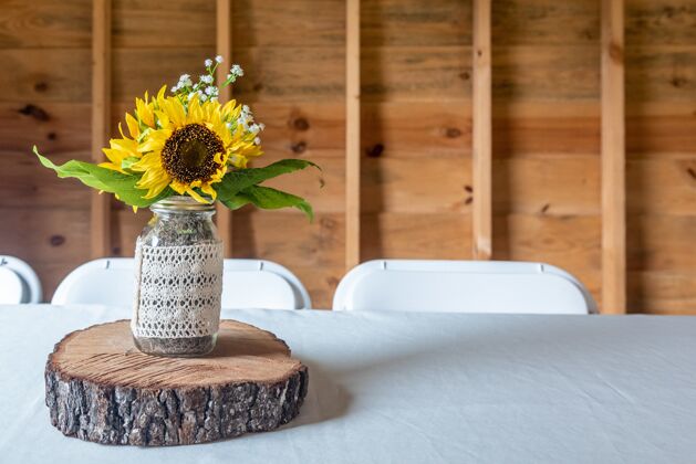 花瓣特写镜头一个小花瓶美丽的向日葵在一块木头树干植物五颜六色木制