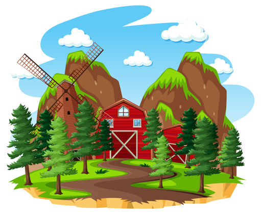 卡通白色背景上有红色谷仓和风车的农场乡村建筑树