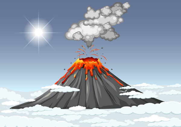 天空火山在天空喷发 白天有云的景象卡通喷发云