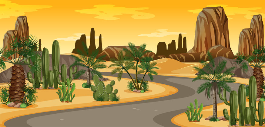 沙丘沙漠绿洲与棕榈树和道路自然景观的场景树干旱户外