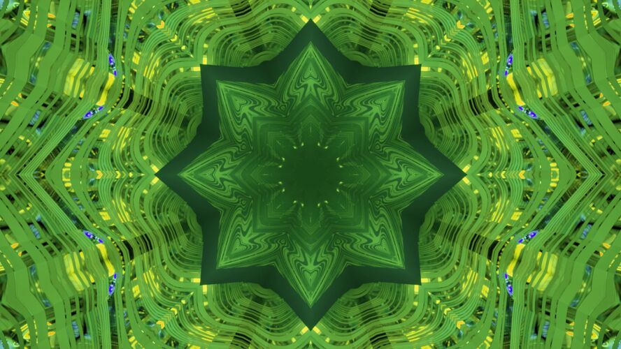 装饰发光的绿色三维插图抽象的视觉背景与星形图案和反映万花筒设计对称抽象幻觉