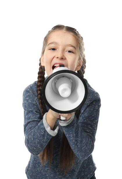 扩音器小女孩对着白色的扩音器大叫广告抗议游戏