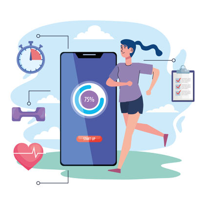 剪贴板女运动员跑步与智能手机健身生活方式图标插图设计智能手表设备哑铃