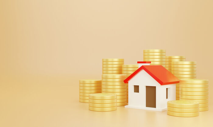 建筑彩色背景的硬币和房子省钱的商业金融买房增长市场储蓄