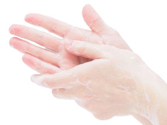清洗手放肥皂水在白色背景上 特写肥皂消毒卫生