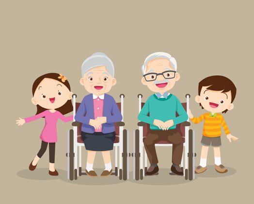 卡通祖父母和孙子孙女坐在轮椅上男孩祖母团体