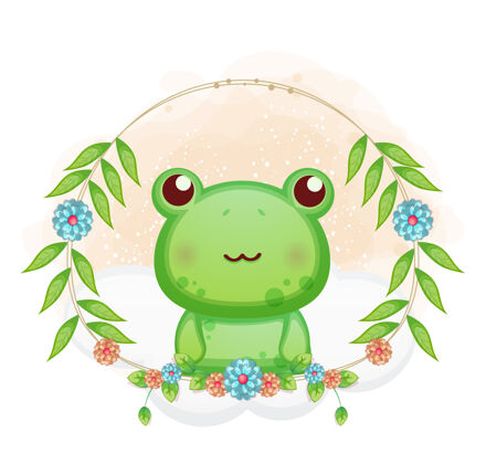 卡通可爱的小青蛙与花卉卡通插画动物树叶可爱
