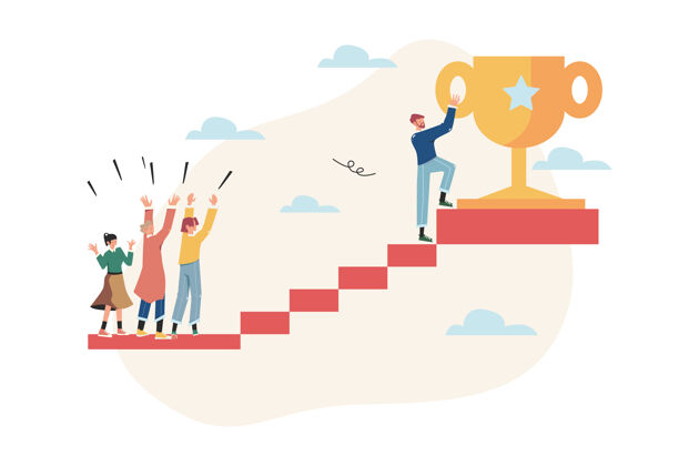 成功人们在楼梯上跑向他们的目标去拿奖杯财务战略胜利