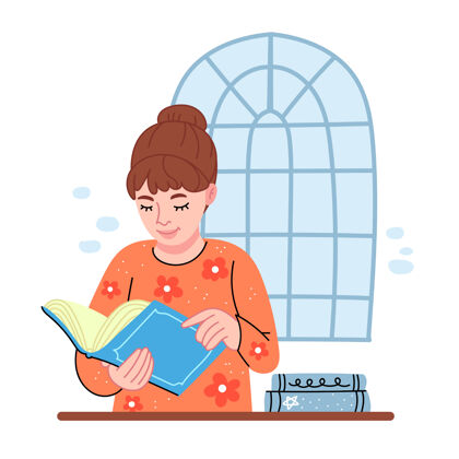 卡通一个穿着橙色毛衣的女孩在看书那个女学生正在学习学习学习书籍