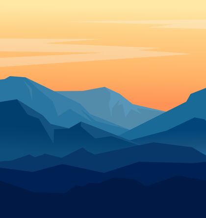 墙纸山峦的蓝色轮廓和橘色的夜空构成的风景黎明几何剪影