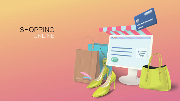 远程网上购物商店就在你家里computer.conceptual网页横幅与现实的商品和袋子销售现代在线