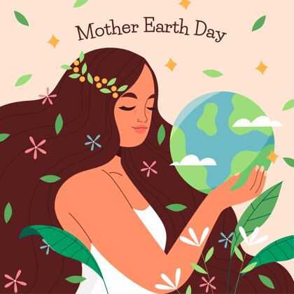 全球手绘地球母亲节插图庆典花卉手绘