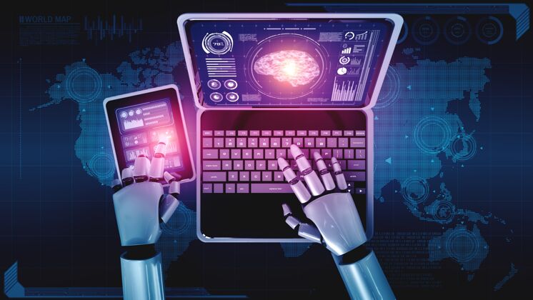 研究仿人机器人使用笔记本电脑和坐在桌旁的人工智能概念思考大脑桌面软件机器