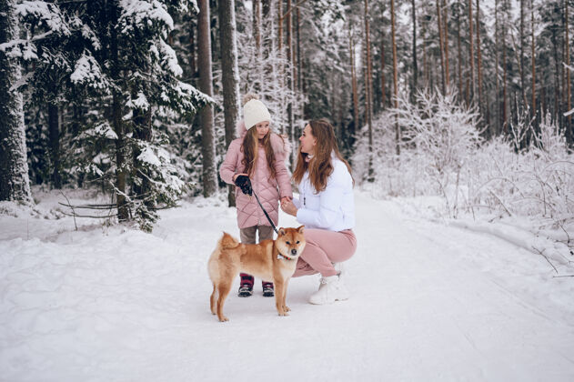 女孩快乐家庭年轻妈妈和小可爱的女孩穿着粉色温暖的外套在雪白寒冷的冬日森林里和红色的石坝犬一起散步户外.家庭运动度假活动雪圣诞节季节