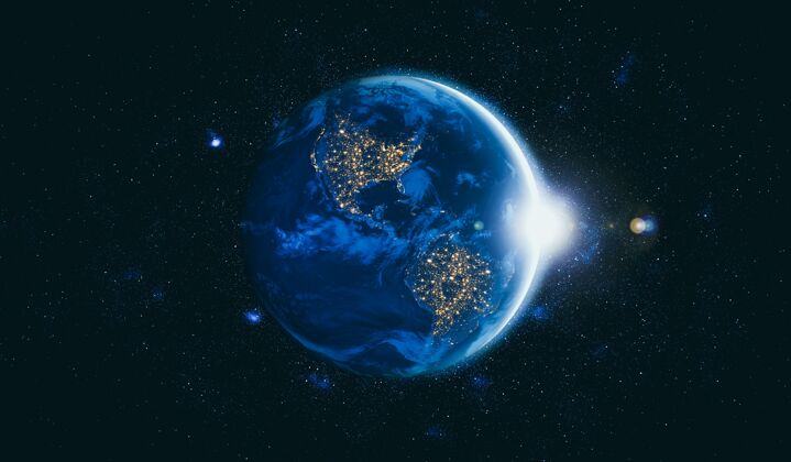 科学地球-地球-从太空看地球 显示真实的地球表面和世界地图辉光行星地球