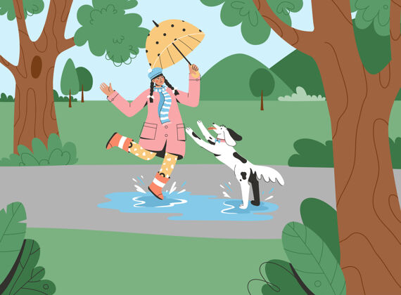 动物带着雨伞的小女孩和狗在公园散步卡通宠物叶子