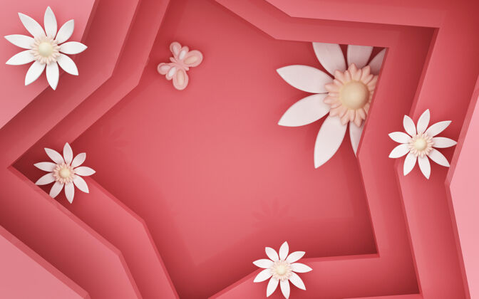 线条红星背景与花卉装饰的三维渲染开花抽象庆典