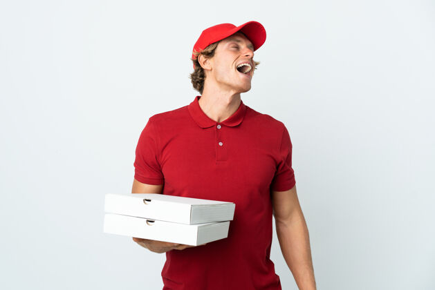 用餐披萨送货员在孤立的白色背景下大笑表情姿势意大利