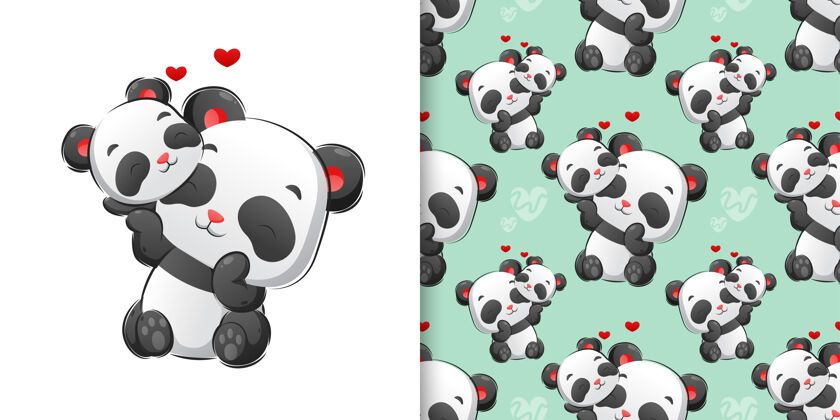 图案彩色手绘可爱熊猫在一起玩耍图案集插图朋友一起熊猫
