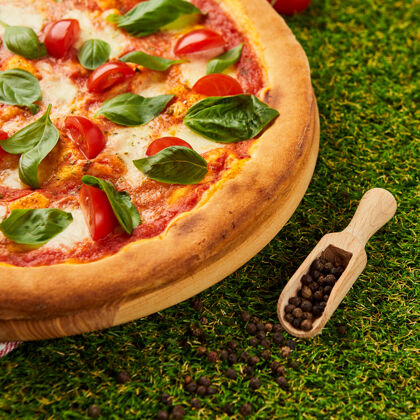 快餐传统的意大利披萨玛格丽塔配奶酪 西红柿和罗勒在绿草上课程牛至番茄