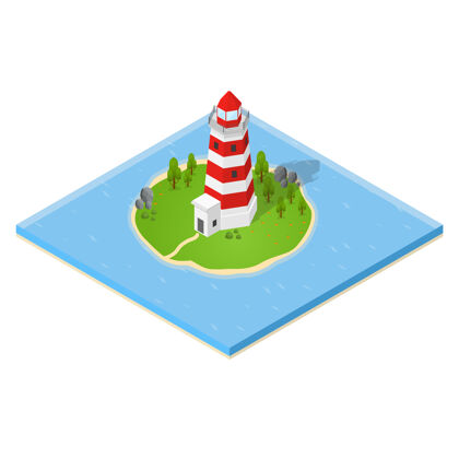 海岸航海灯塔和岛屿上的灯塔等距视图游戏简单制图