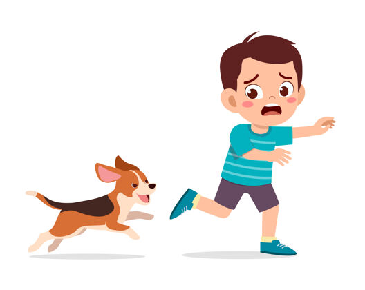 跑步可爱的小男孩因为被坏狗追赶而害怕幼儿园角色害怕