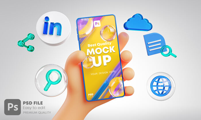消息可爱的手持手机linkedin图标周围的3d渲染模型Mockup3d渲染Logo
