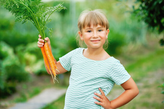 秋季小女孩在厨房里摘胡萝卜花园.秋天蔬菜收获农场卷心菜蔬菜