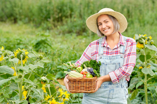 废物女人手里拿着一篮子丰收的有机蔬菜和根上的有机生物农场.秋天蔬菜收获循环南瓜根