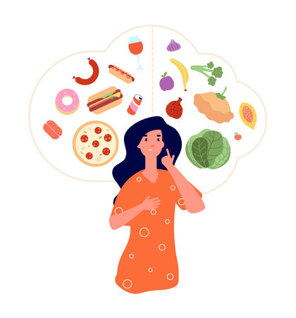垃圾健康的不健康的食物女人思考垃圾食品与好食品的饮食平衡营养法国膳食