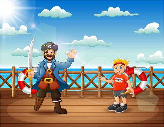 救生圈卡通海盗在船的甲板上风景甲板绘画