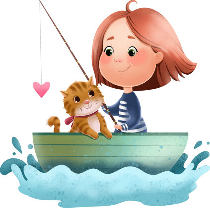 快乐一个可爱的女孩和一只猫在船上用鱼竿和一个心的插图卡通鱼竿浪漫