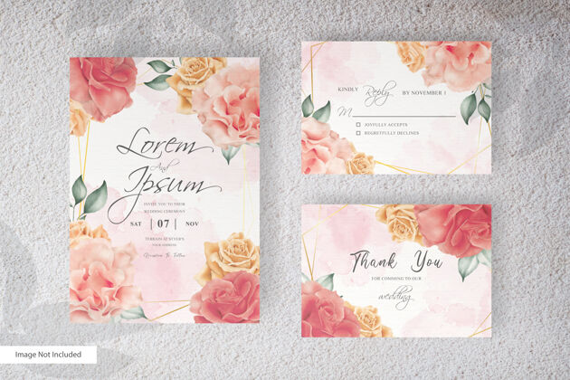 优雅水彩婚礼文具套装卡片与手绘花卉和树叶玫瑰叶子花卉