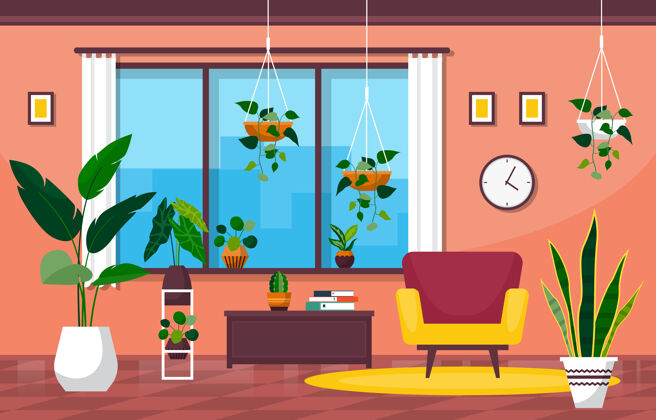 扶手椅热带室内植物客厅绿色装饰植物室内椅子窗帘
