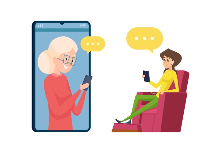 老年人女儿和妈妈在说话打电话开心吗祖母和孙女 带着智能手机插画的老妇人角色小玩意卡通