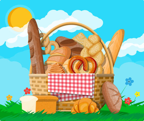 法式面包柳条篮子里的面包面包餐篮子