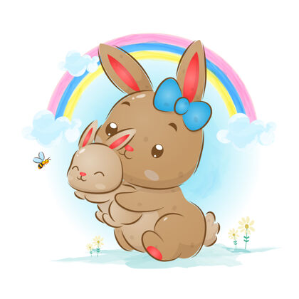 农场大兔子抱着小兔子的插图蜜蜂可爱复活节