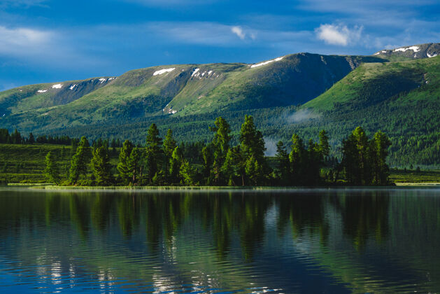西伯利亚森林倒映在俄罗斯阿尔泰共和国乌拉甘斯基地区的山湖中景观山地湖泊植物
