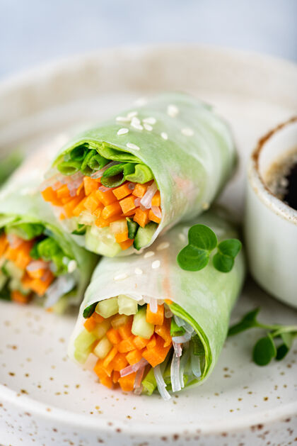 越南菜素食越南春卷配胡萝卜 黄瓜 葱和米粉 有选择的重点素食者葱素食者