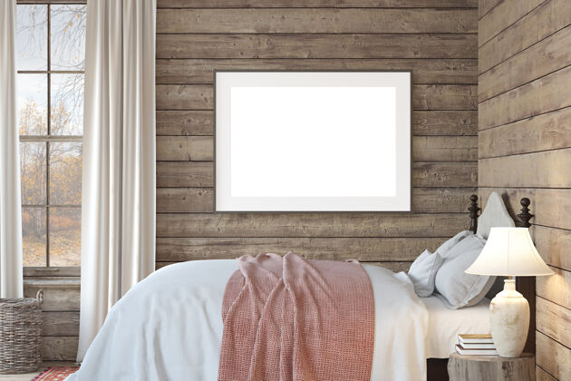 乡村牧场卧室室内和框架模型3d渲染现代床室内