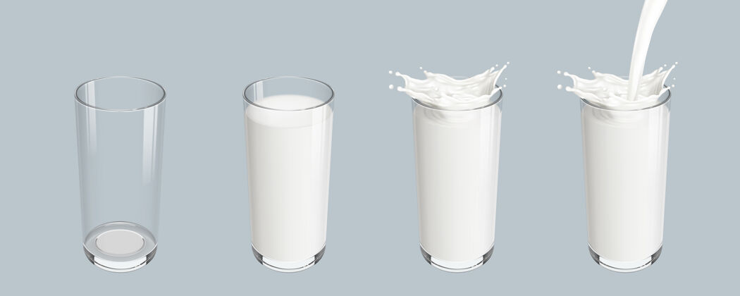 设置设置逼真的透明空玻璃杯与倒牛奶飞溅透明生活方式容器