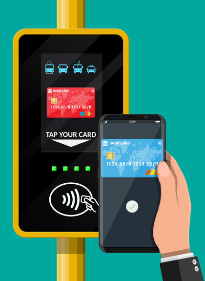 交易手持智能手机和银行卡靠近终端票务地铁入口