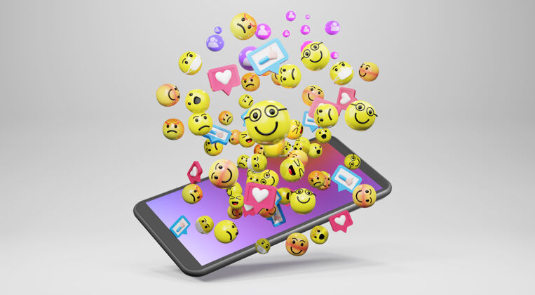 在线带卡通表情图标的智能手机 用于社交媒体3d渲染移动流媒体直播搞笑