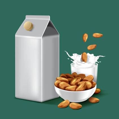 液体纸包装杏仁牛奶与飞溅的液体和种子纸盒营养牛奶