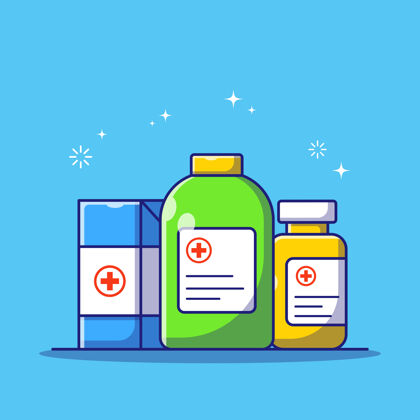 插图一套蓝色背景的药盒和药瓶 用于药物咨询平面卡通插图药品瓶子大纲