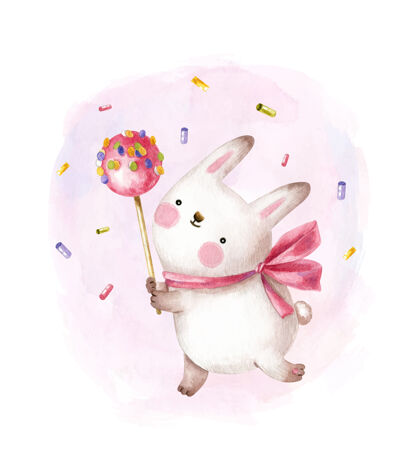 兔子可爱的兔子拿着一根棍子上的大糖果蝴蝶结水彩画可爱