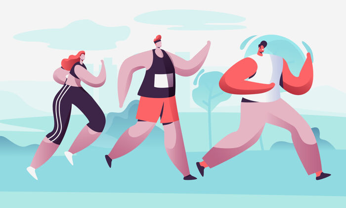 短跑一组男女角色跑马拉松距离原始运动慢跑竞争.卡通平面插图减肥人男人