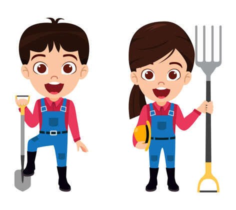 孩子男孩和女孩的角色穿着农民服装和帽子卡通男孩服装