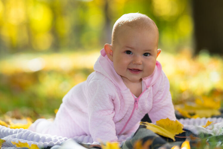 郁郁葱葱一个快乐的婴儿在一个野餐地毯上学习爬在秋天的落叶中 在一个明亮的秋天公园的场景微小可爱可爱