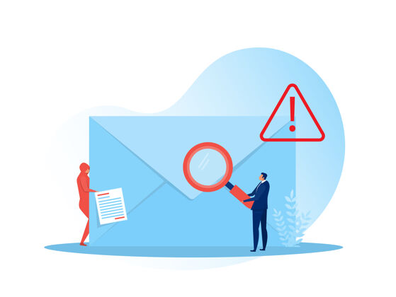 邮件商人从信封中拿出放大镜 发出警告和警告通知.spam电子邮件垃圾邮件文档发送